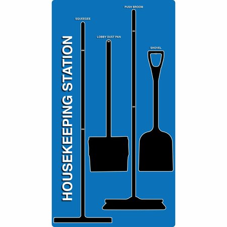 5S SUPPLIES 5S Housekeeping Shadow Board Broom Station Version 10  - Blue Board / Black Shadows  With Broom HSB-V10-BLUE-KIT